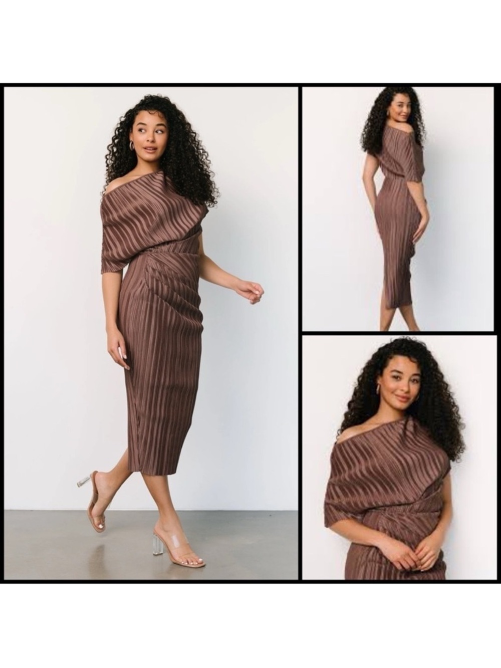 Baltic Born Winslow Brown Pleated High Asymmetrical Neckline Midi Dress Sz S New